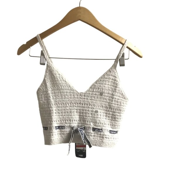 Tommy Jeans White Crochet XS Cropped Cami Top With Straps & Logo Waist Tie - Picture 1 of 7